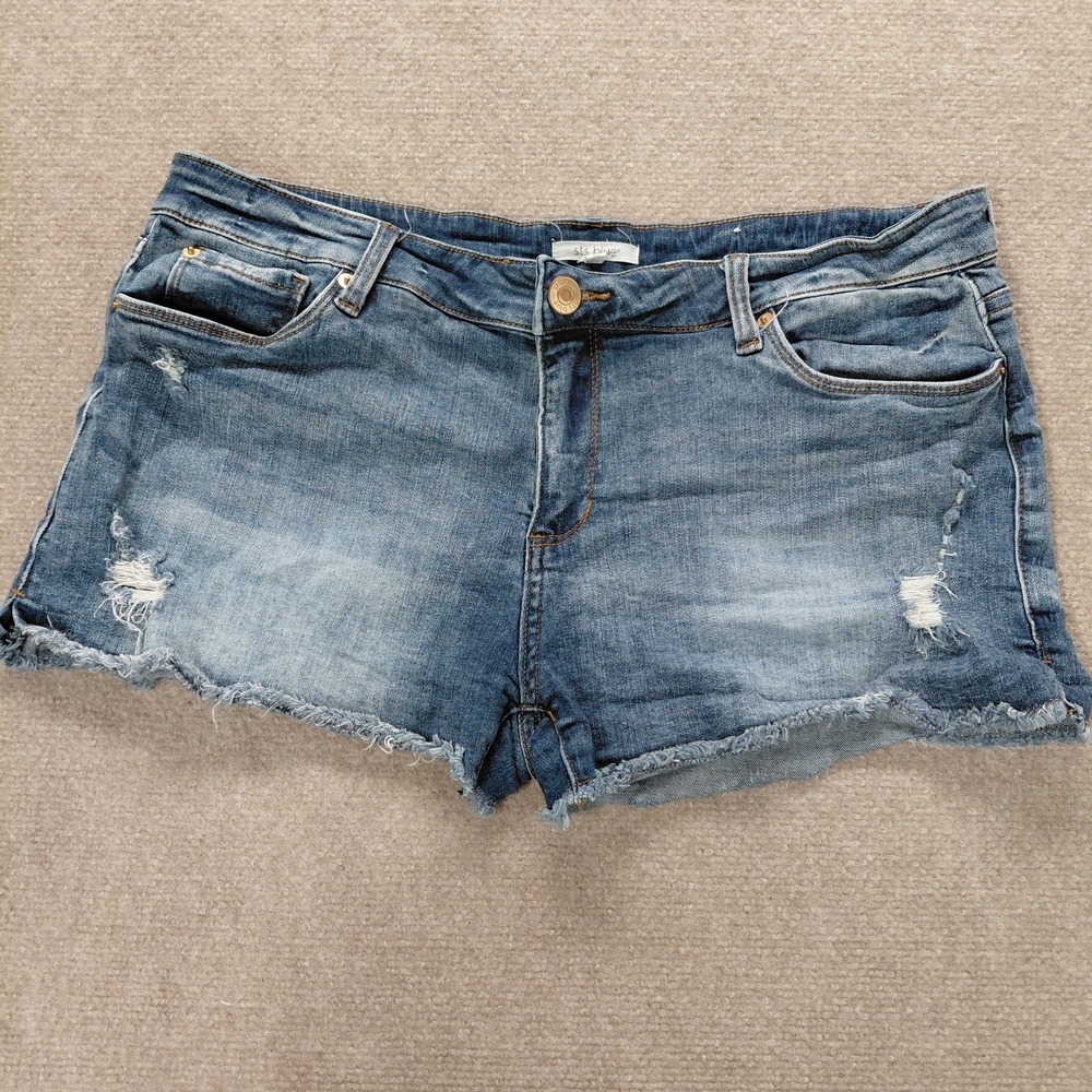 STS Blue Shortie Jean Shorts Distressed Boyfriend Raw Hem Size 32 Fits 35" Waist